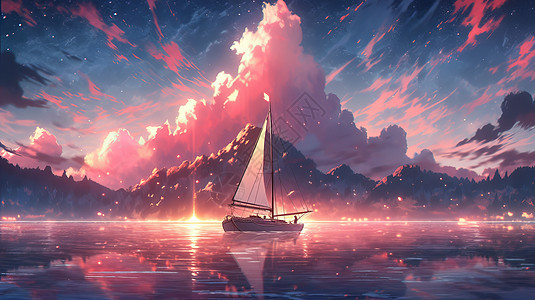 卡通风景美丽的夕阳下帆船在海面上航行图片