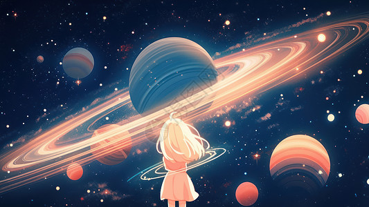 梦幻站在星系太空中的卡通女孩图片
