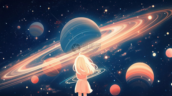 梦幻站在星系太空中的卡通女孩图片
