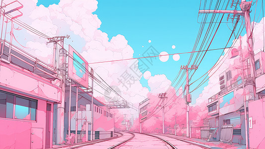 美丽的粉色房子中间一条火车轨道小清新卡通风景图片