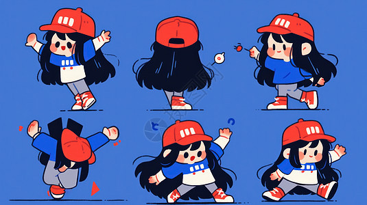 戴红色棒球帽的卡通女孩各种动作图片