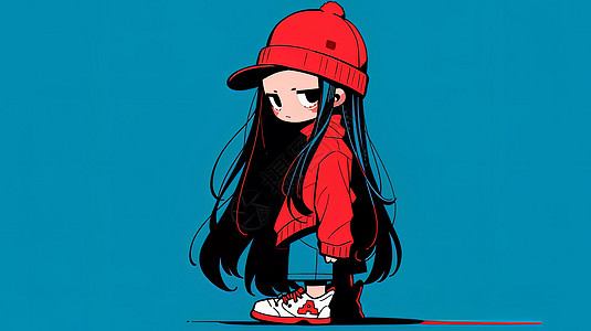 黑色长发戴红色棒球帽酷酷的卡通女孩图片