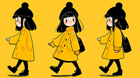可爱的卡通小女孩穿着黄大衣戴着黑色毛线帽图片