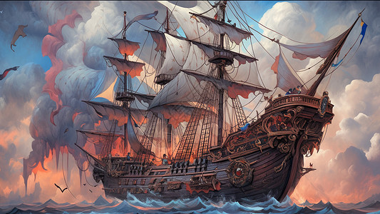 夕阳下唯美复古卡通帆船在大海上航行图片