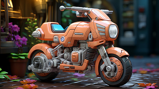 橙色机械感立体卡通摩托车停在楼下花园中图片