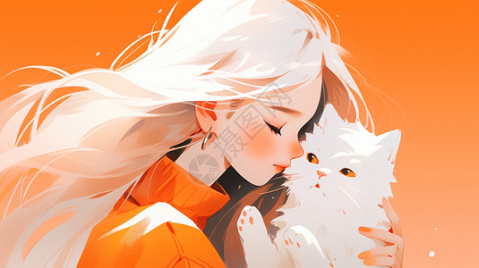 穿橙色衣服白色长发卡通女孩抱着猫图片
