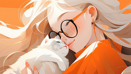 小清新白色长发卡通女孩抱着白色猫图片