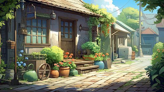安静的卡通村子中有一个长满植物的房子背景图片