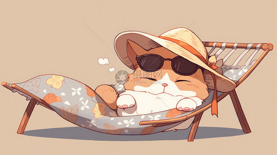 戴着帽子躺在躺椅上睡觉的可爱卡通胖猫图片