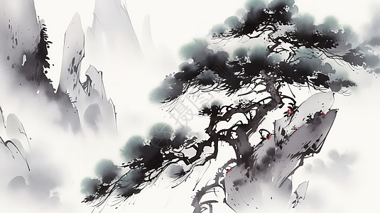 水墨画风景高山上的松树图片