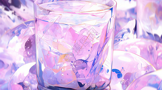 紫色调透明玻璃杯中的卡通夏日冰块饮品背景图片