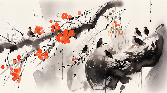 水墨画树枝上美丽的红色花朵与鸟图片
