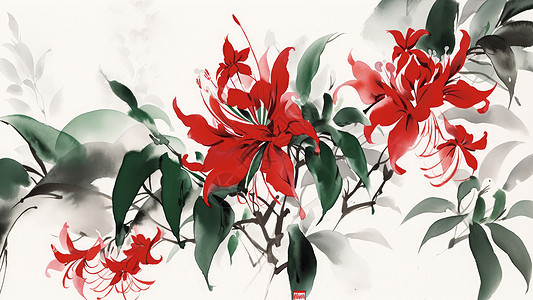 水墨画漂亮唯美开红色花朵植物图片