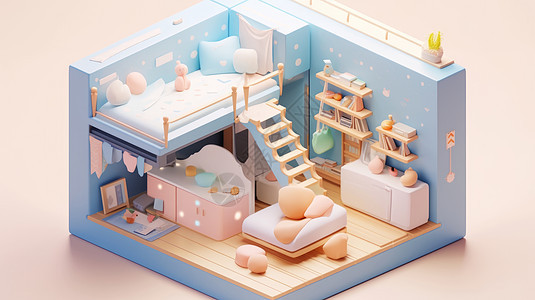 可爱的立体儿童房间木质地板有楼梯的床图片