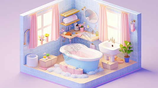 有浴缸满地泡沫的立体卡通浴室图片