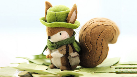 卡通羊毛毡小松鼠戴着帽子背着包去旅行图片