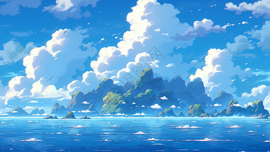蓝天白云下美丽的海上卡通小岛图片