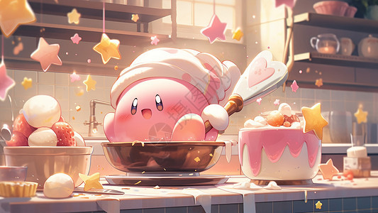 粉色Q萌可爱的卡通形象在厨房开心做饭图片