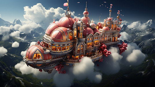科幻卡通复古华丽城堡形状飞行器飞在空中图片