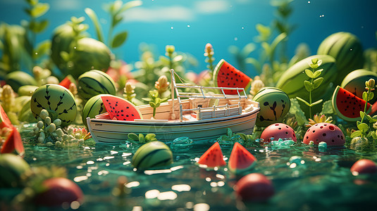 卡通西瓜小岛可爱的小船漂在水面上图片