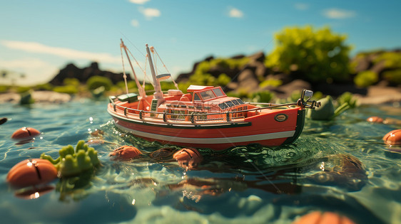可爱的红色立体卡通小船在水面上航行图片