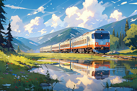 一辆火车行驶在美景如画的旅游景点图片