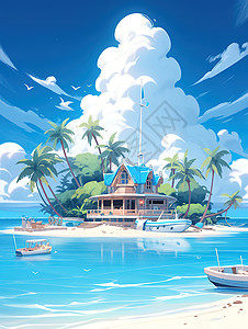 海岛旅行湛蓝海水帆船插画图片