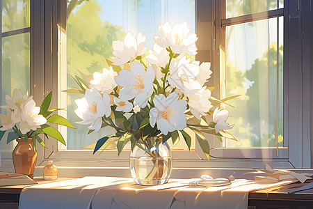窗户阳光下盛开的白色牡丹花图片