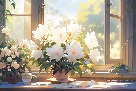 窗户阳光下盛开的白色牡丹花卡通插画图片