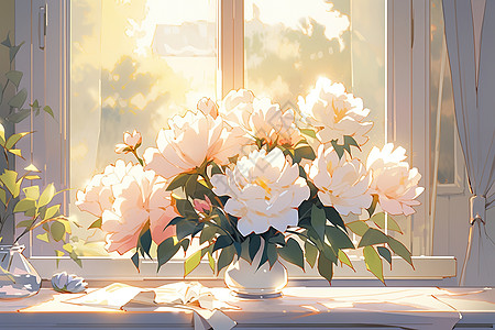 窗户阳光下盛开的白色牡丹花小清新插画图片