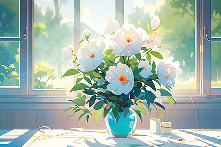 窗户阳光下盛开的白色牡丹花治愈插画图片