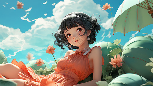 躺在花朵间穿橙色长裙的卷发卡通女孩图片