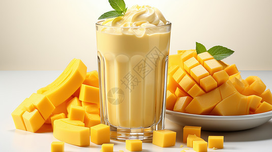 玻璃杯中装满甜甜的芒果沙冰与新鲜芒果背景图片