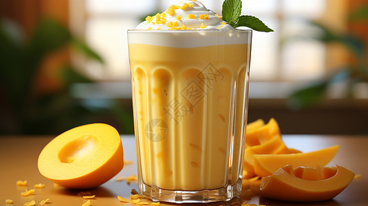 芒果饮品桌子上美味的芒果沙冰插画