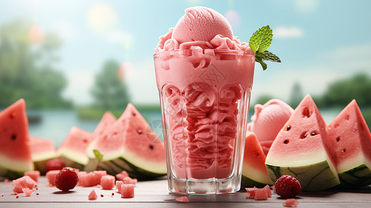 夏天美味的西瓜沙冰甜品插画