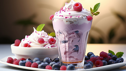 水果沙冰蓝莓覆盆子水果奶油沙冰插画