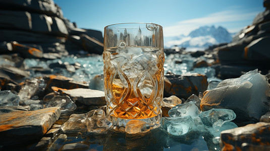 装满冰块饮料的玻璃杯在雪山中背景图片