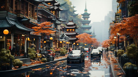 雨后的古风建筑街道行驶着车辆微缩场景图片