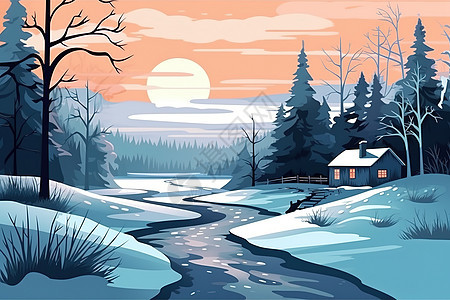 冬季自然景观山脉树木房屋插画图片