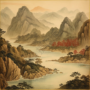 中国传统山水画万山诗意场景背景图片