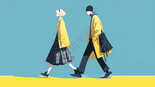 简约行走的男生和女生插画图片