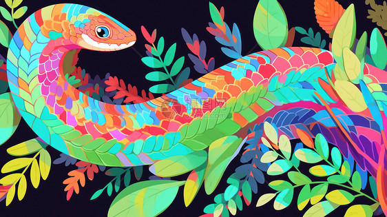 在草丛中炫彩的卡通巨蛇扁平风图片