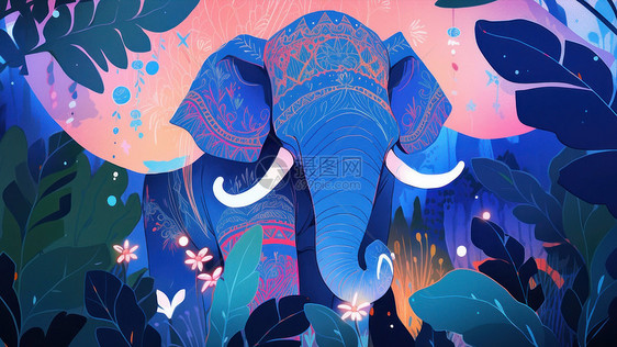 在森林树丛中民族风蓝色卡通大象图片