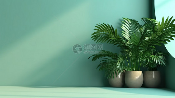 电商产品展台绿植棕榈叶绿色3D设计夏日背景图片