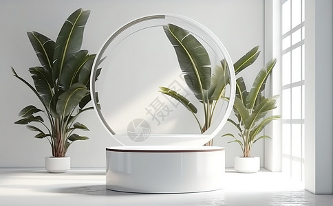 现代简约的圆形白色桌面巴蕉树斑驳阳光3D背景图片
