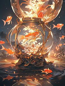 水中梦幻的橙色花朵与金鱼插画图片