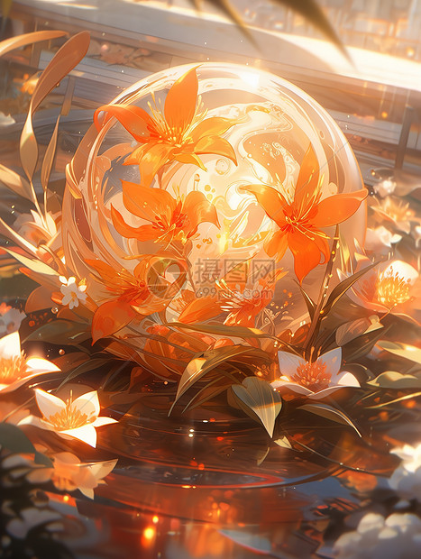 球体中发光橙色花朵插画图片