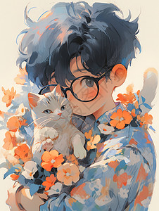 复古碎花衬衫小男孩抱着猫插画图片