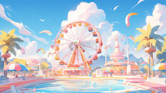 蓝天白云下梦幻的卡通游乐场粉色摩天轮图片