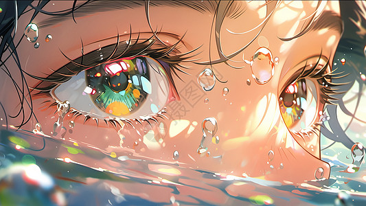 水中水花卡通人物在水中水汪汪的大眼睛插画